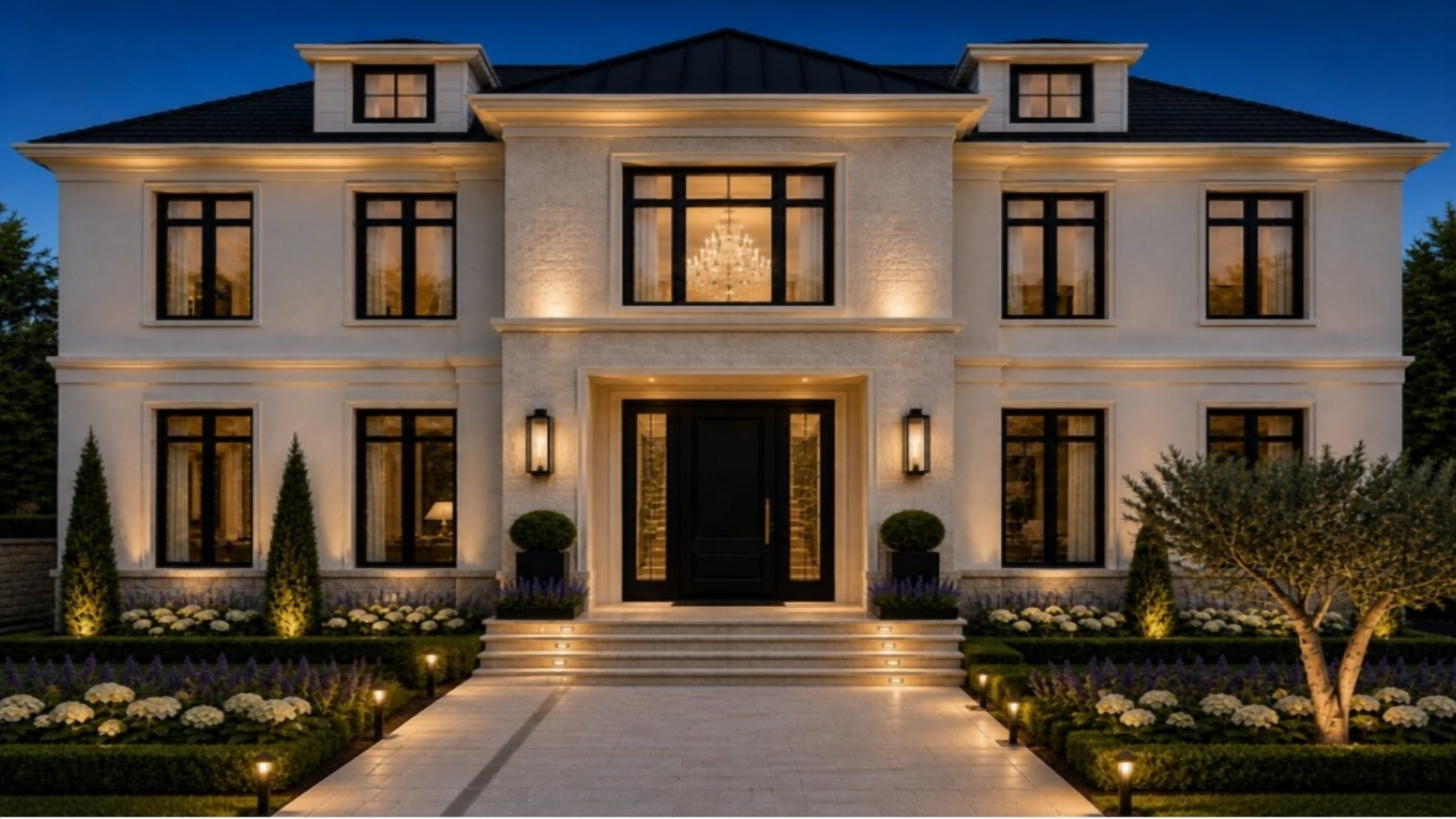 10 Oswego Lane — dramatic evening illumination of the grand Colonial facade