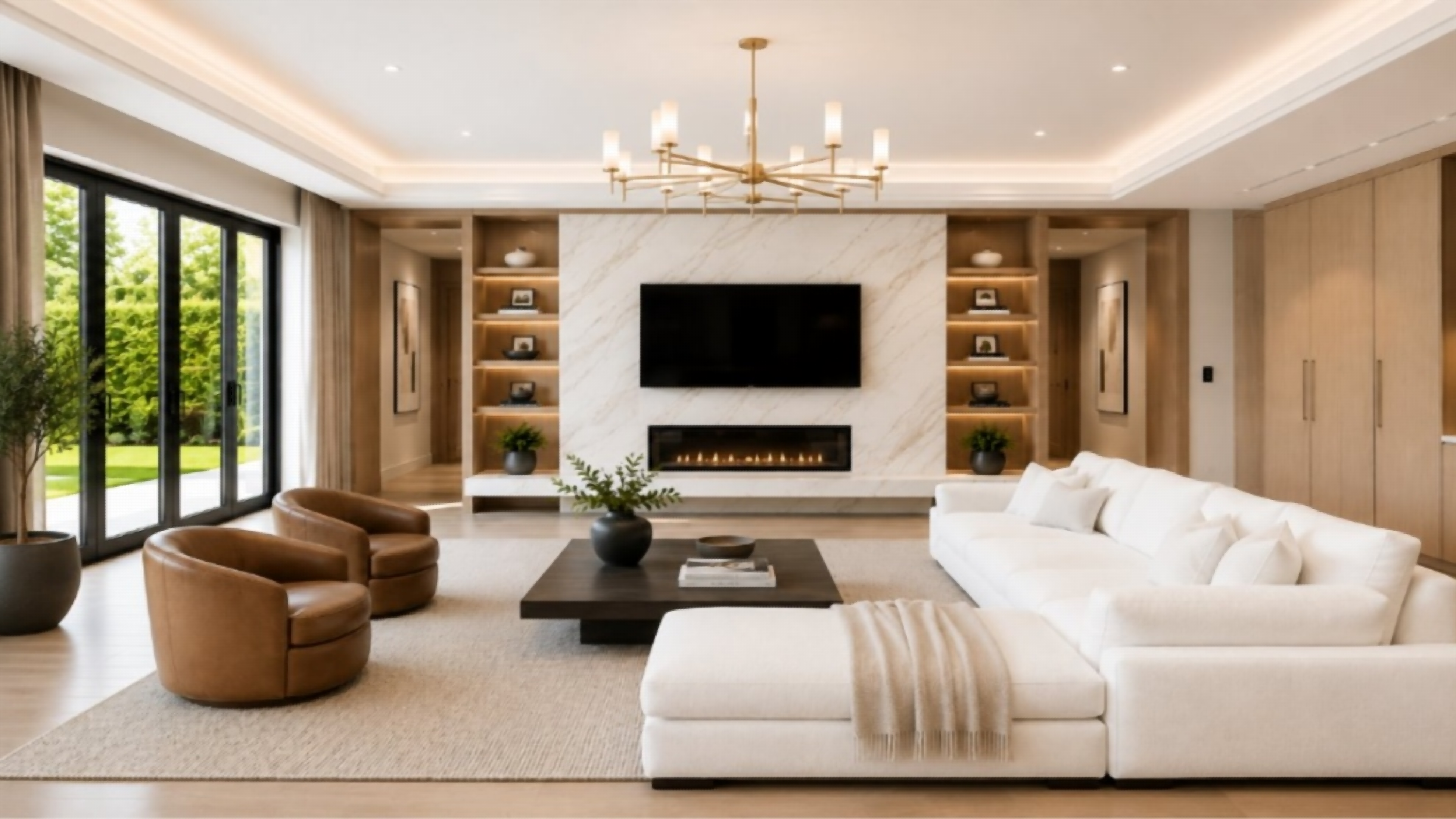 Grand family room with fireplace and four panel sliding doors