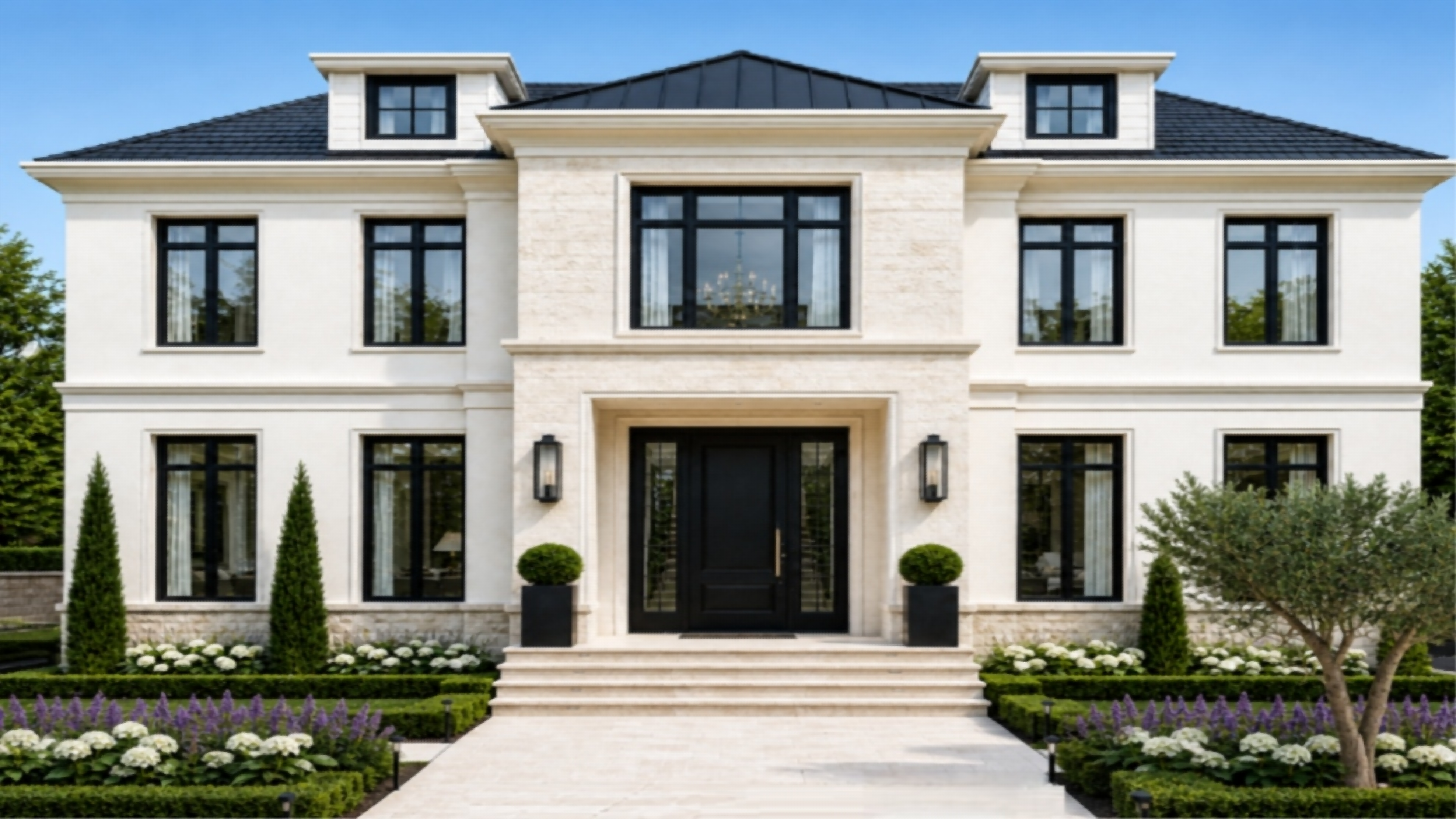 10 Oswego Lane — stately Colonial facade with stone accents and black-framed windows
