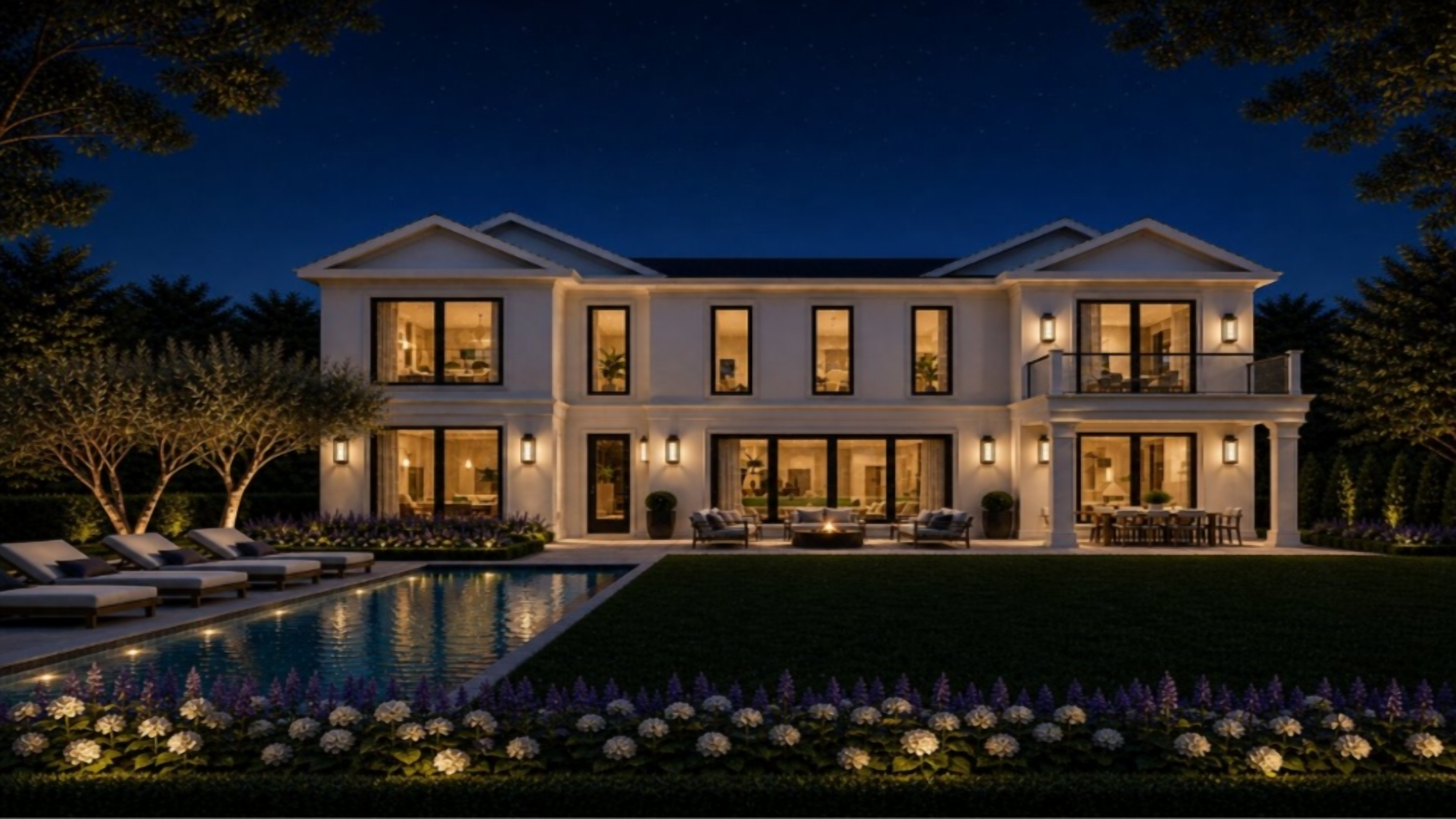 10 Oswego Lane rear elevation illuminated at dusk — pool and outdoor living